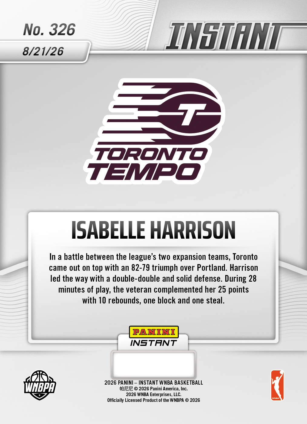Product thumbnail image 2 of Isabelle Harrison - 2026 Panini Instant WNBA #326 - Base Card