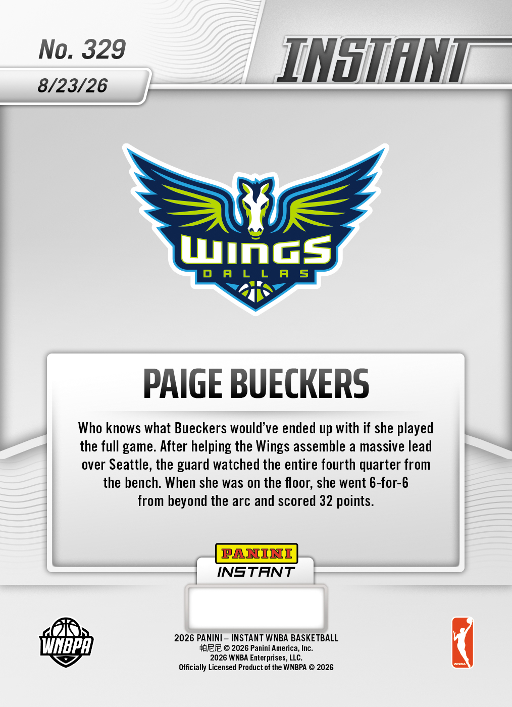 Product thumbnail image 2 of Paige Bueckers - 2026 Panini Instant WNBA #329 - Base Card 25-pack