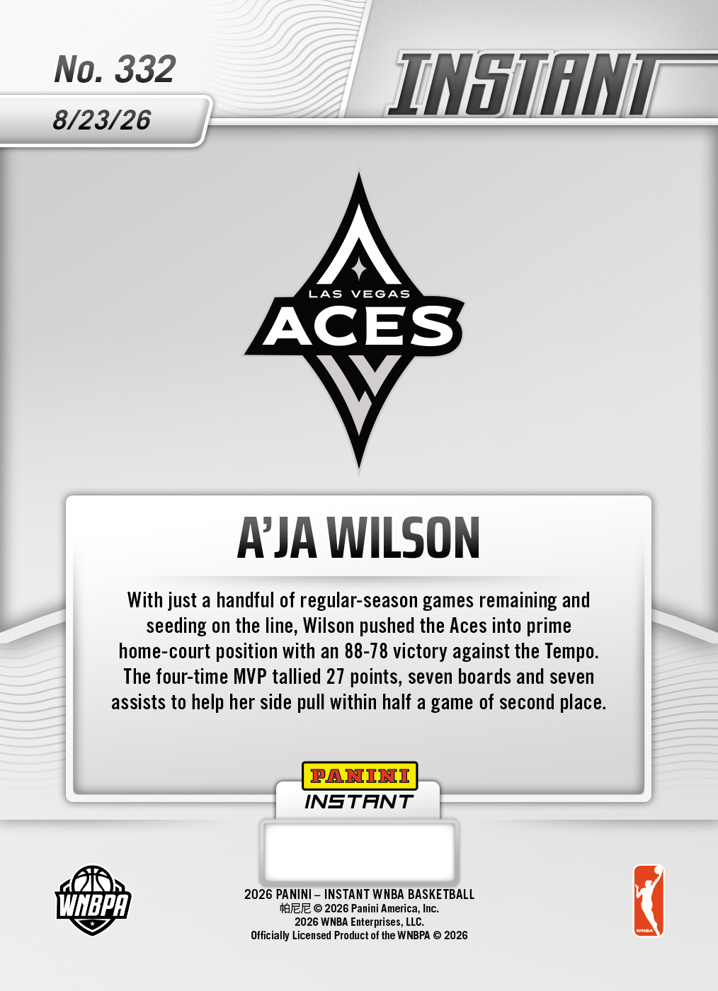 Product thumbnail image 2 of A'ja Wilson - 2026 Panini Instant WNBA #332 - Base Card 25-pack