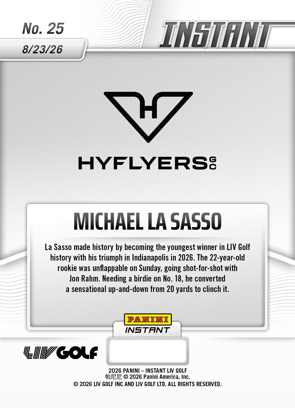 Product thumbnail image 2 of Michael La Sasso - 2026 Panini Instant LIV Golf #25 - Galaxy 1/1