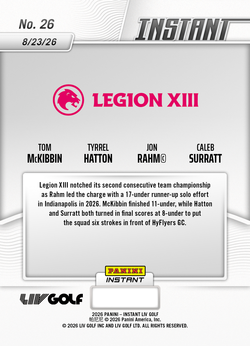 Product thumbnail image 2 of Legion XIII - 2026 Panini Instant LIV Golf #26 - Base Card 25-pack