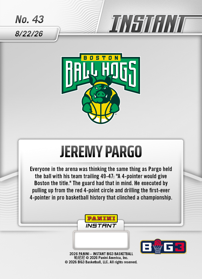 Product thumbnail image 2 of Jeremy Pargo - 2026 Panini Instant Big3 #43 - Galaxy 1/1