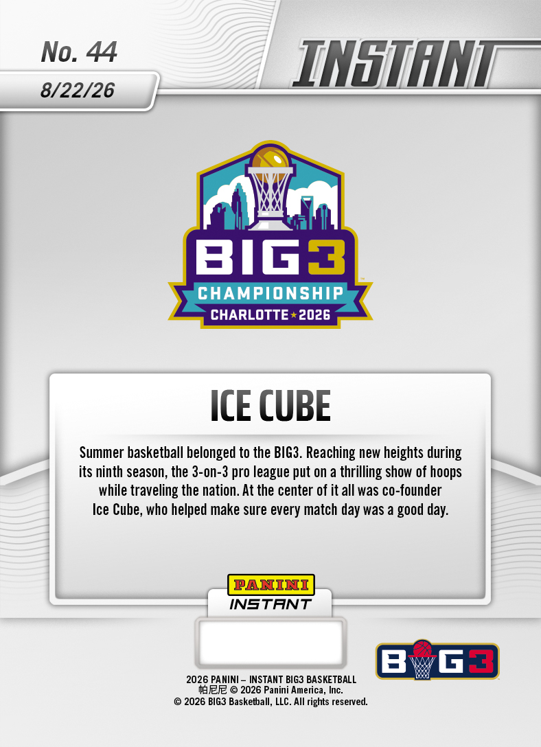 Product thumbnail image 2 of Ice Cube - 2026 Panini Instant Big3 #44 - Base Card