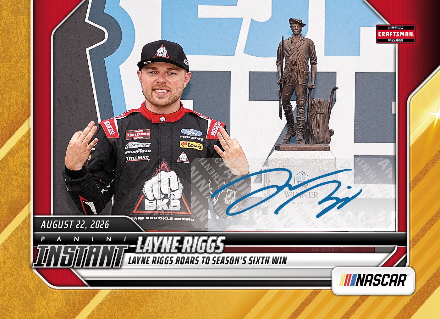 Detailed Image of Layne Riggs - 2026 Panini Instant NASCAR #74 - Gold /10 Auto