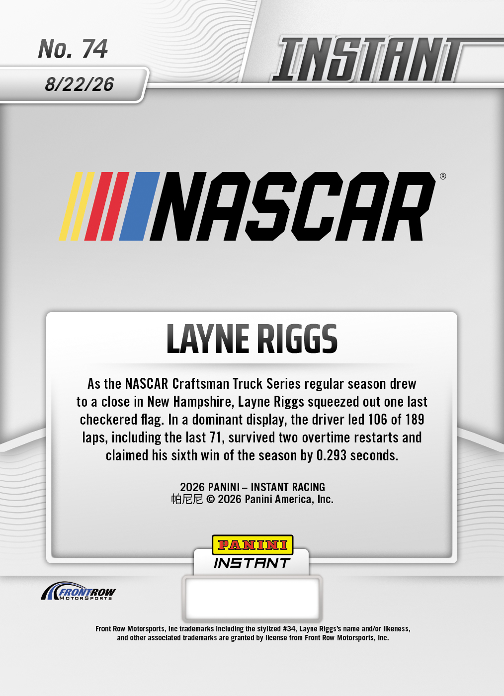 Product thumbnail image 2 of Layne Riggs - 2026 Panini Instant NASCAR #74 - Galaxy 1/1
