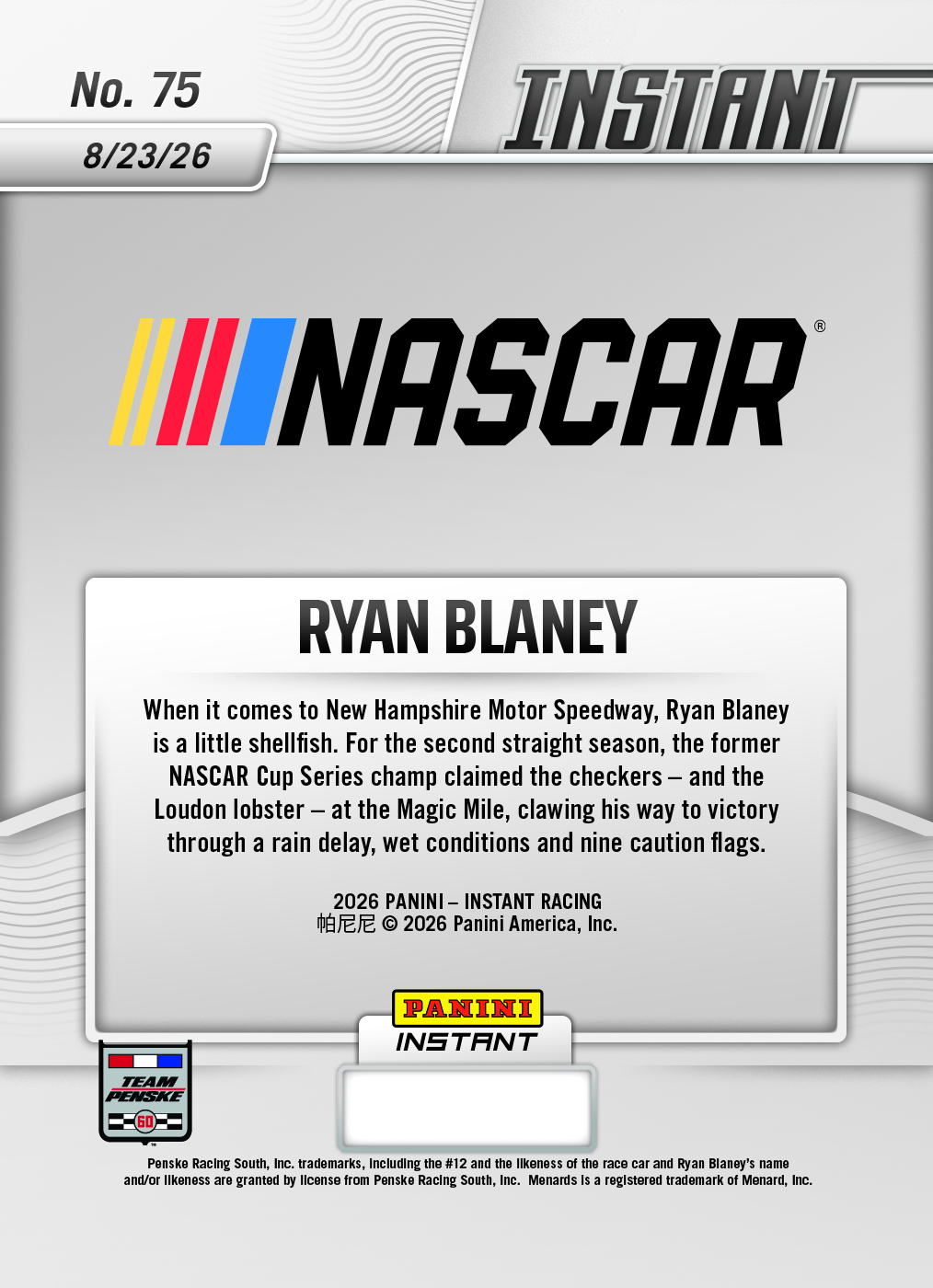 Product thumbnail image 2 of Ryan Blaney  - 2026 Panini Instant NASCAR #75 - Base Card 25-pack