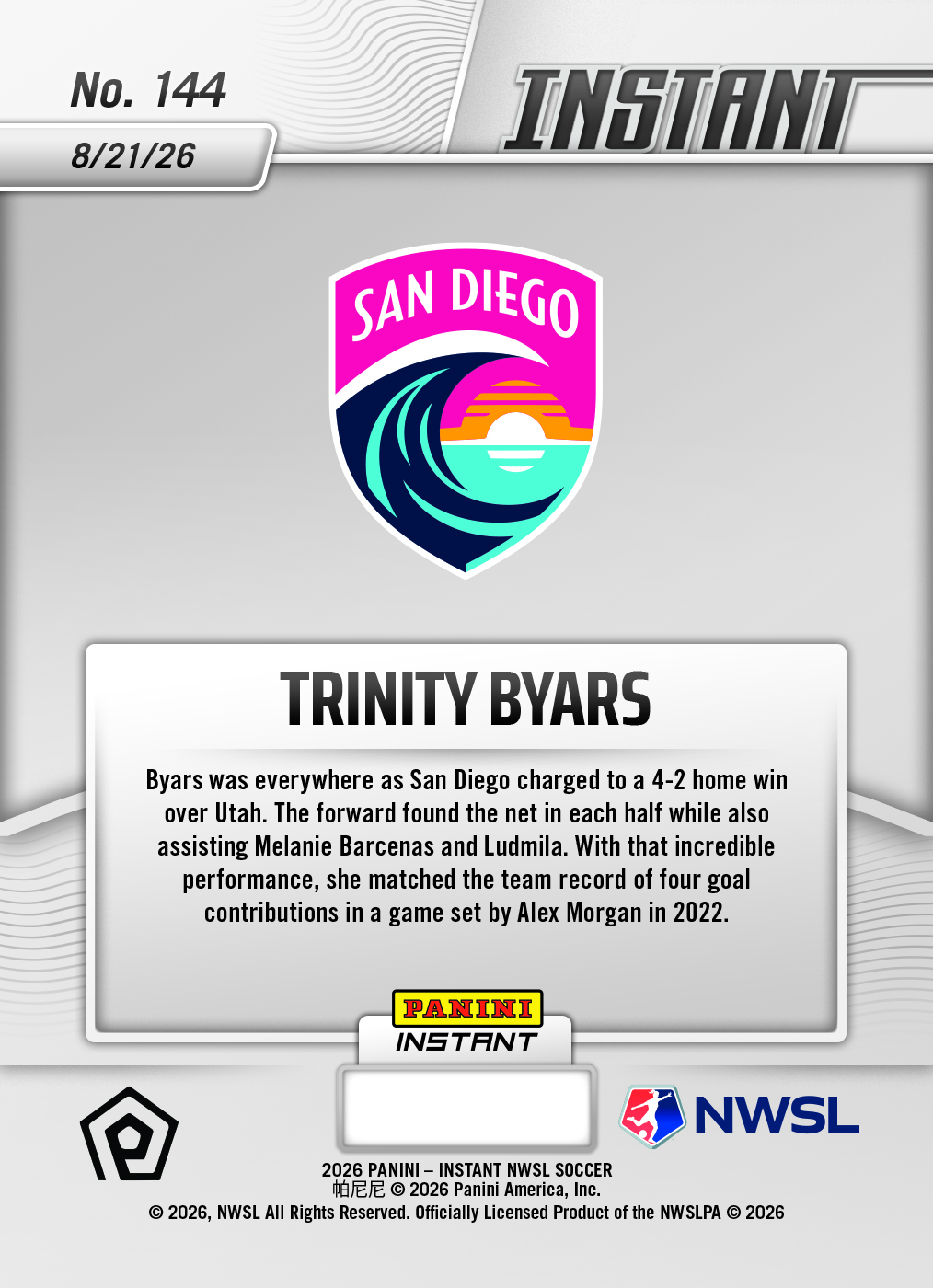 Product thumbnail image 2 of Trinity Byars - 2026 Panini Instant NWSL #144 - Base Card 25-pack