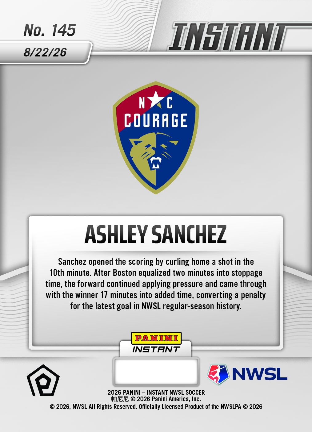 Product thumbnail image 2 of Ashley Sanchez - 2026 Panini Instant NWSL #145 - Galaxy 1/1 Auto