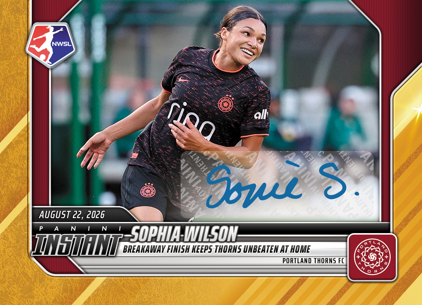 Detailed Image of Sophia Wilson - 2026 Panini Instant NWSL #146 - Gold /10 Auto