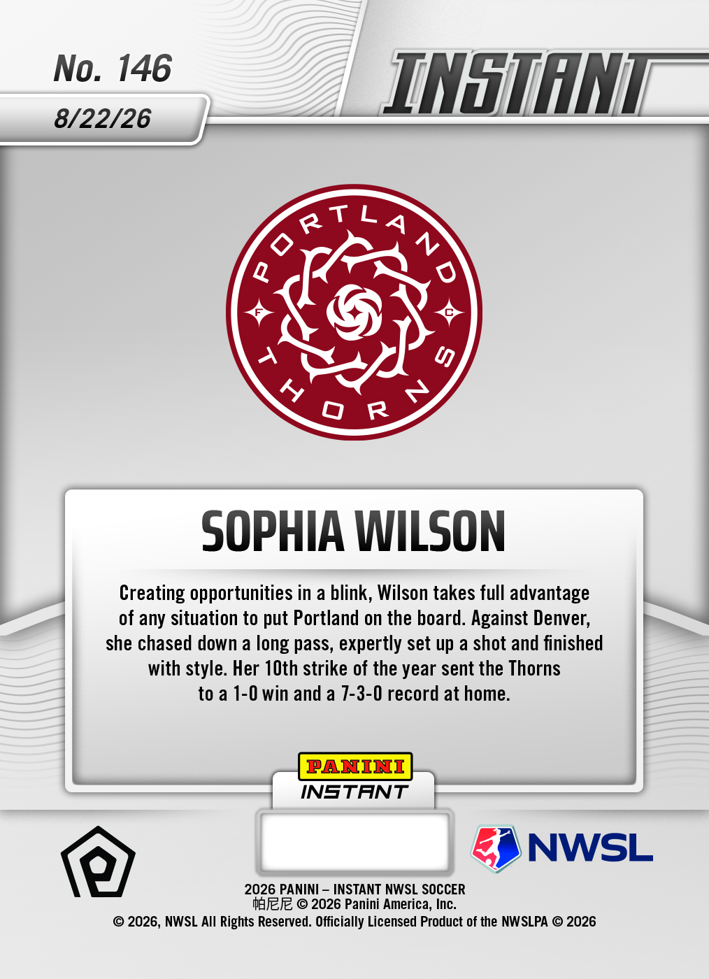 Product thumbnail image 2 of Sophia Wilson - 2026 Panini Instant NWSL #146 - Base Card 10-pack