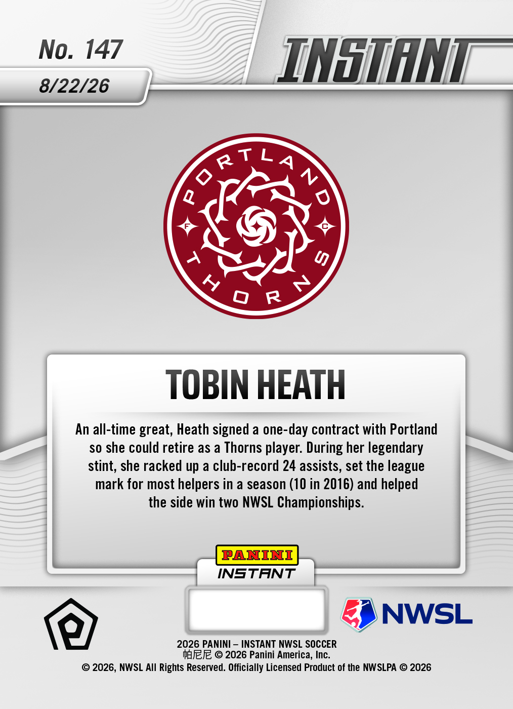Product thumbnail image 2 of Tobin Heath - 2026 Panini Instant NWSL #147 - Base Card 25-pack