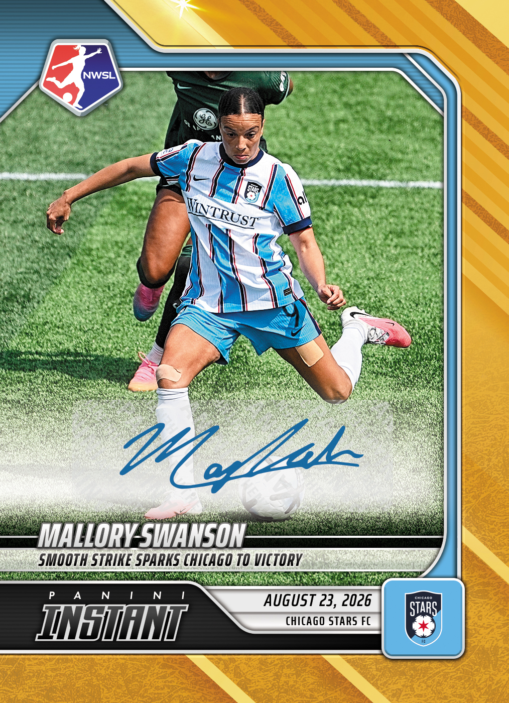 Detailed Image of Mallory Swanson - 2026 Panini Instant NWSL #148 - Gold /10 Auto