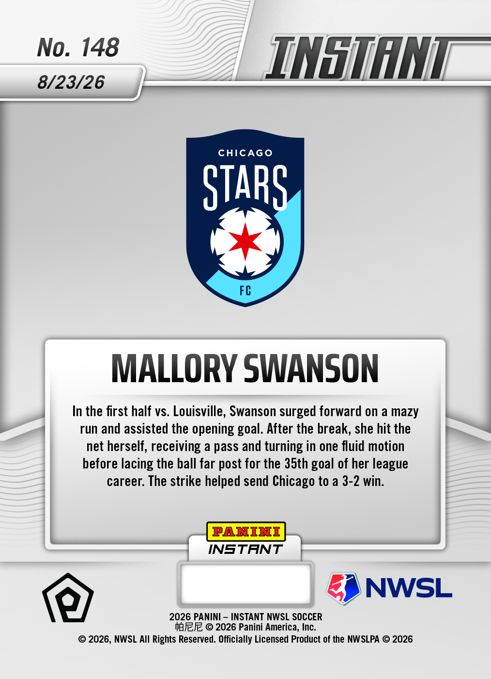 Product thumbnail image 2 of Mallory Swanson - 2026 Panini Instant NWSL #148 - Base Card 5-pack