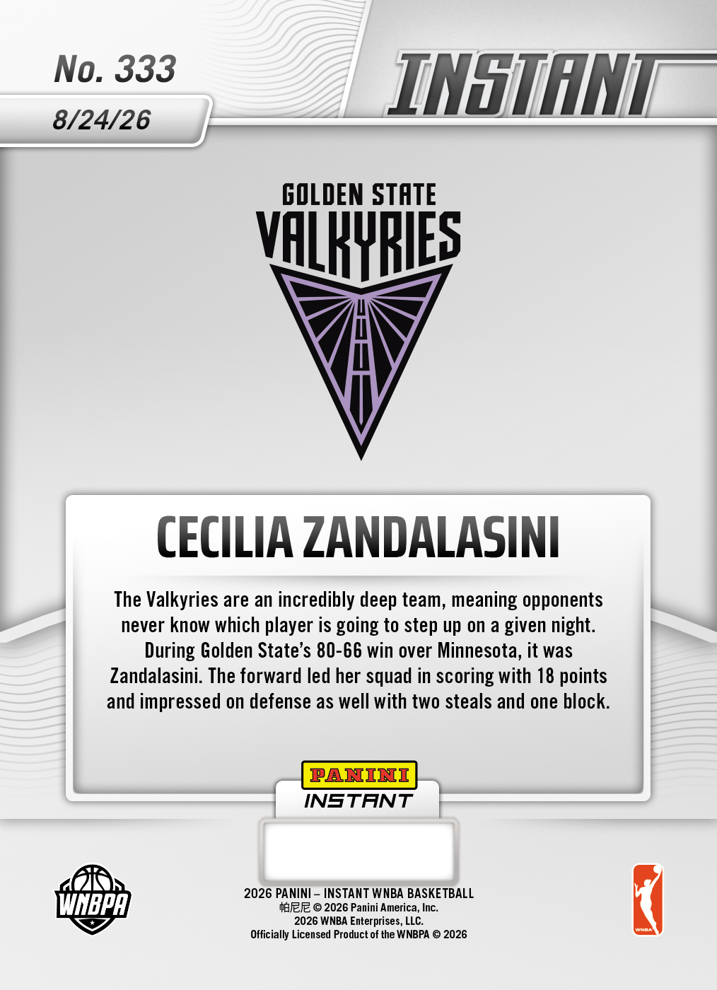 Product thumbnail image 2 of Cecilia Zandalasini - 2026 Panini Instant WNBA #333 - Base Card 5-pack