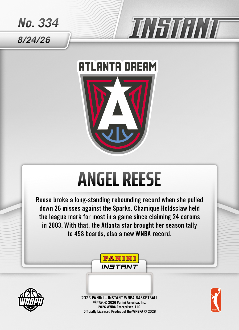 Product thumbnail image 2 of Angel Reese - 2026 Panini Instant WNBA #334 - Base Card 25-pack