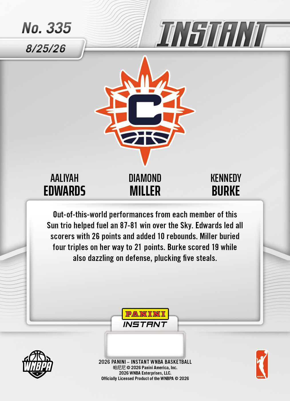 Product thumbnail image 2 of Aaliyah Edwards/Diamond Miller/Kennedy Burke - 2026 Panini Instant WNBA #335 - Base Card