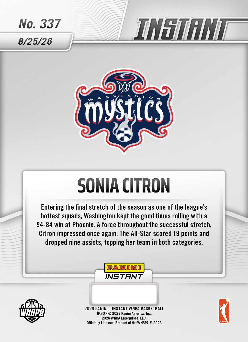 Product thumbnail image 2 of Sonia Citron - 2026 Panini Instant WNBA #337 - Base Card 10-pack