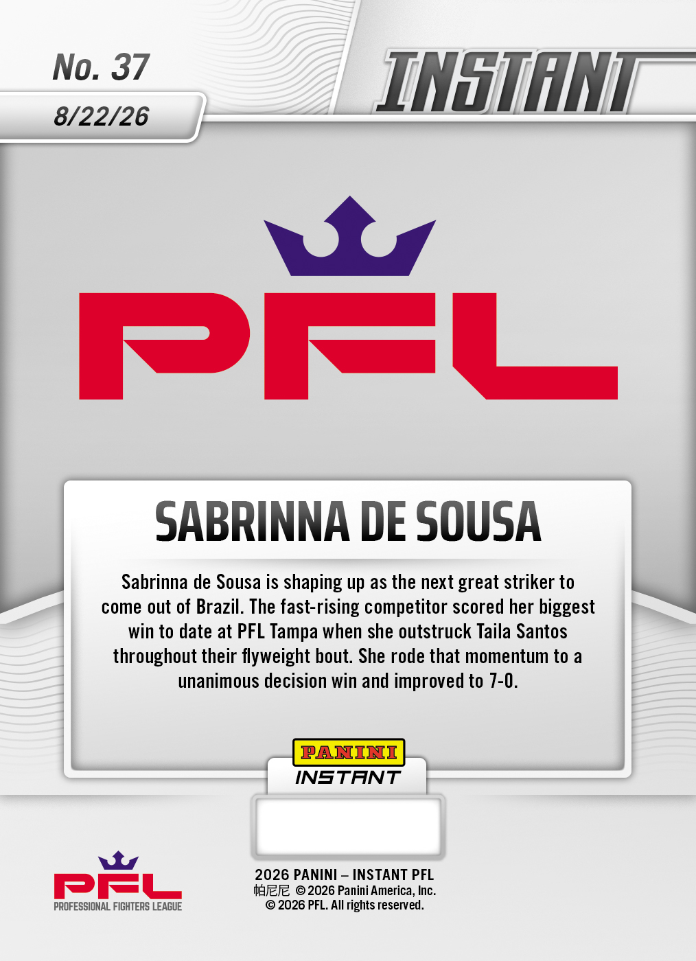Product thumbnail image 2 of Sabrinna de Sousa - 2026 Panini Instant PFL #37 - Base Card 25-pack