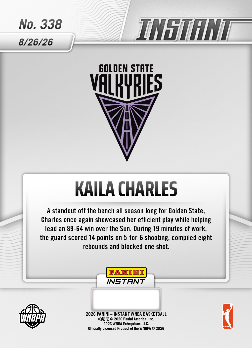 Product thumbnail image 2 of Kaila Charles - 2026 Panini Instant WNBA #338 - Base Card 5-pack