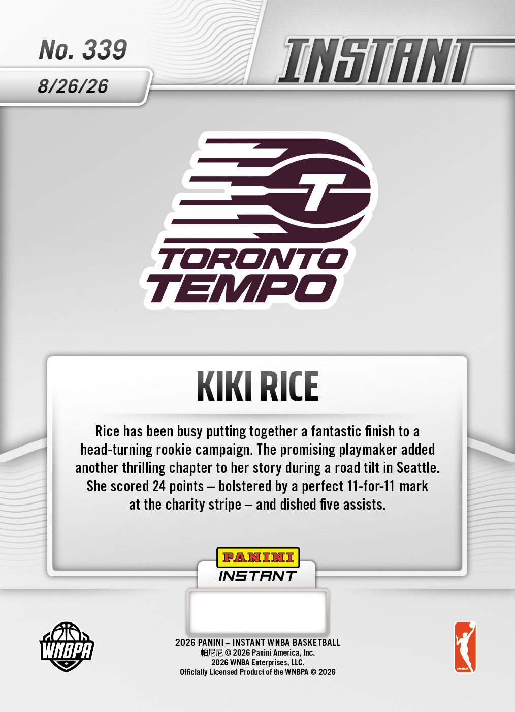 Product thumbnail image 2 of Kiki Rice - 2026 Panini Instant WNBA #339 - Base Card 25-pack