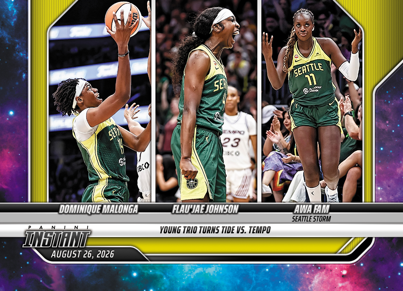 Detailed Image of Dominique Malonga/Flau'jae Johnson/Awa Fam - 2026 Panini Instant WNBA #340 - Galaxy 1/1