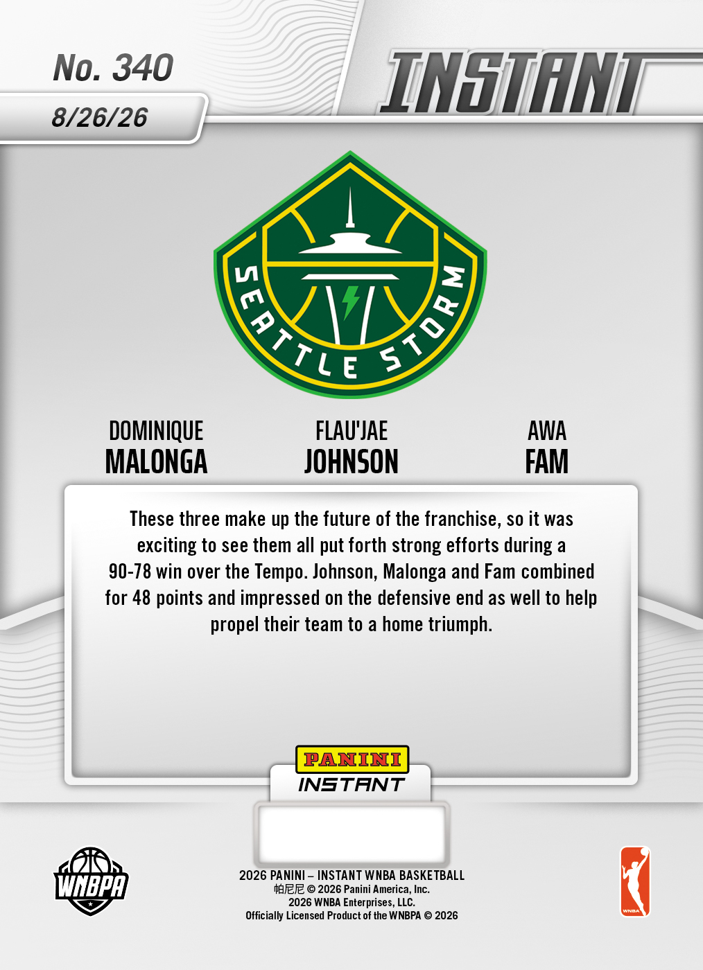Product thumbnail image 2 of Dominique Malonga/Flau'jae Johnson/Awa Fam - 2026 Panini Instant WNBA #340 - Base Card 25-pack