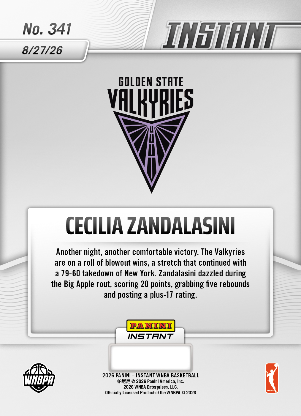 Product thumbnail image 2 of Cecilia Zandalasini - 2026 Panini Instant WNBA #341 - Base Card 10-pack