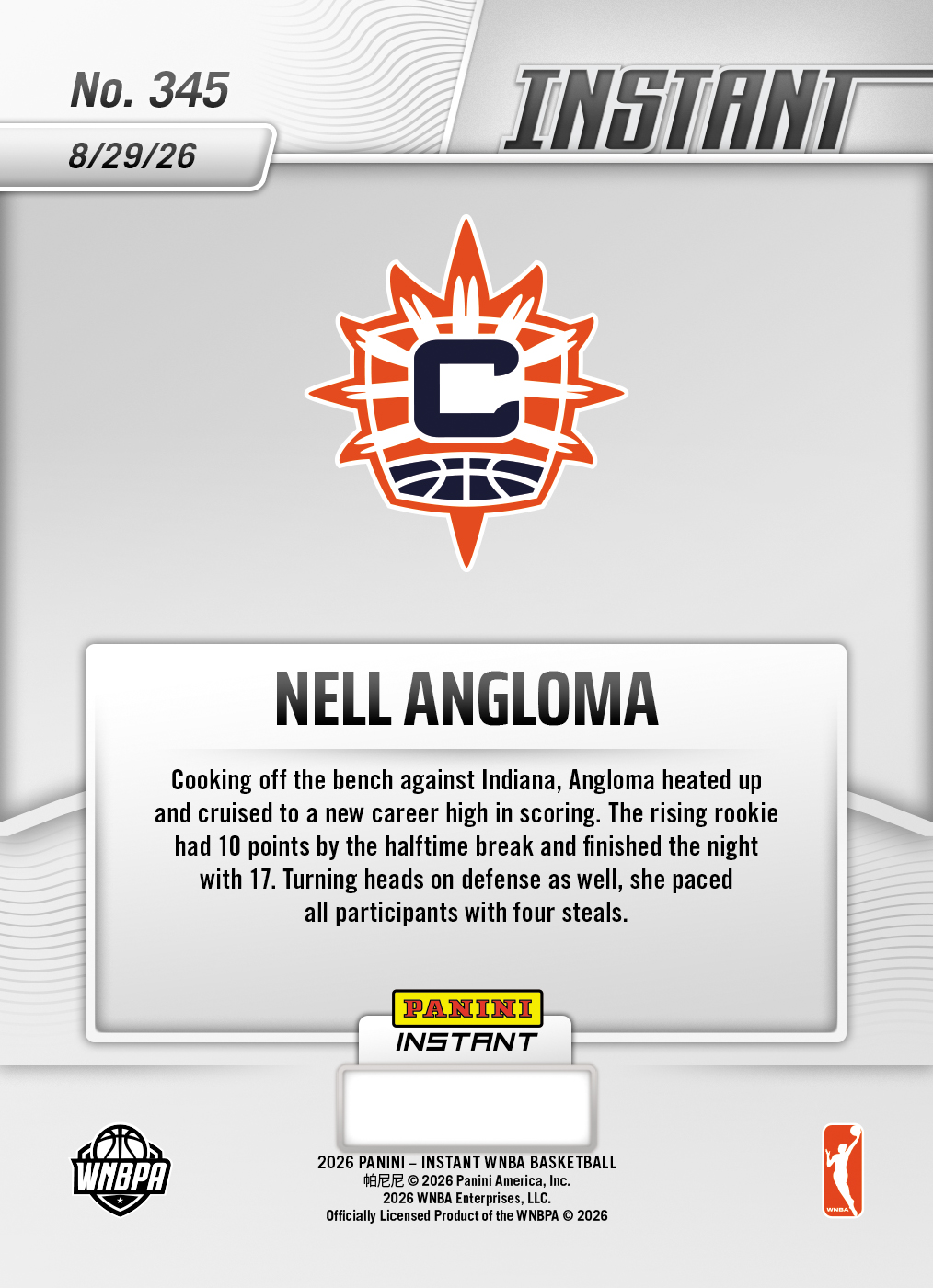 Product thumbnail image 2 of Nell Angloma - 2026 Panini Instant WNBA #345 - Base Card 25-pack