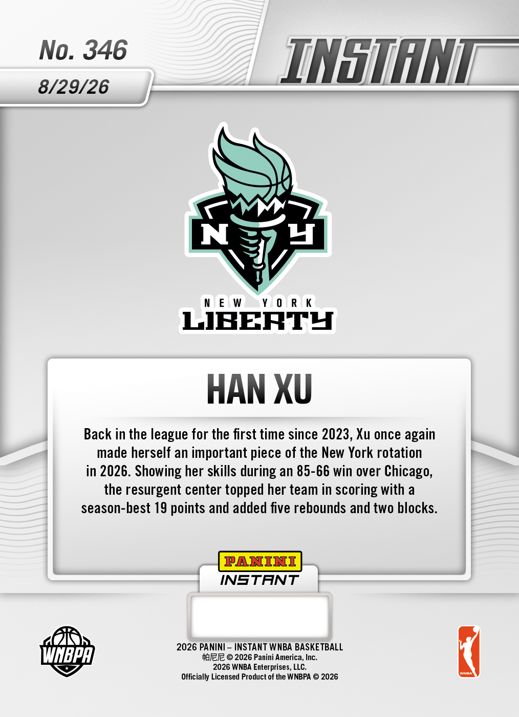 Product thumbnail image 2 of Han Xu - 2026 Panini Instant WNBA #346 - 30th Anniversary /30