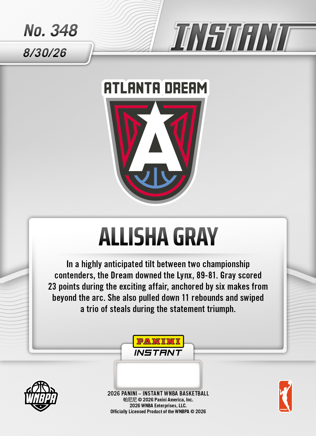 Product thumbnail image 2 of Allisha Gray - 2026 Panini Instant WNBA #348 - Base Card 5-pack