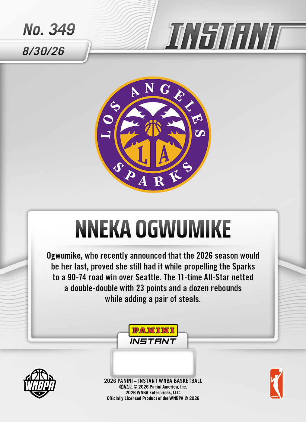 Product thumbnail image 2 of Nneka Ogwumike - 2026 Panini Instant WNBA #349 - Base Card 25-pack