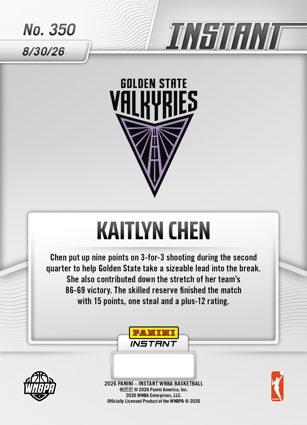 Product thumbnail image 2 of Kaitlyn Chen - 2026 Panini Instant WNBA #350 - Base Card 5-pack