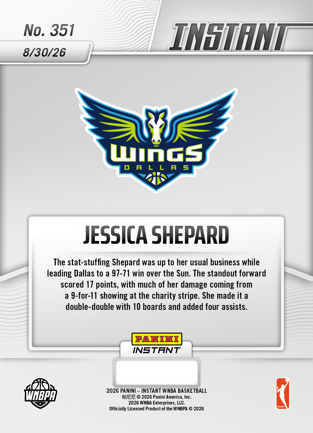 Product thumbnail image 2 of Jessica Shepard - 2026 Panini Instant WNBA #351 - Base Card 25-pack
