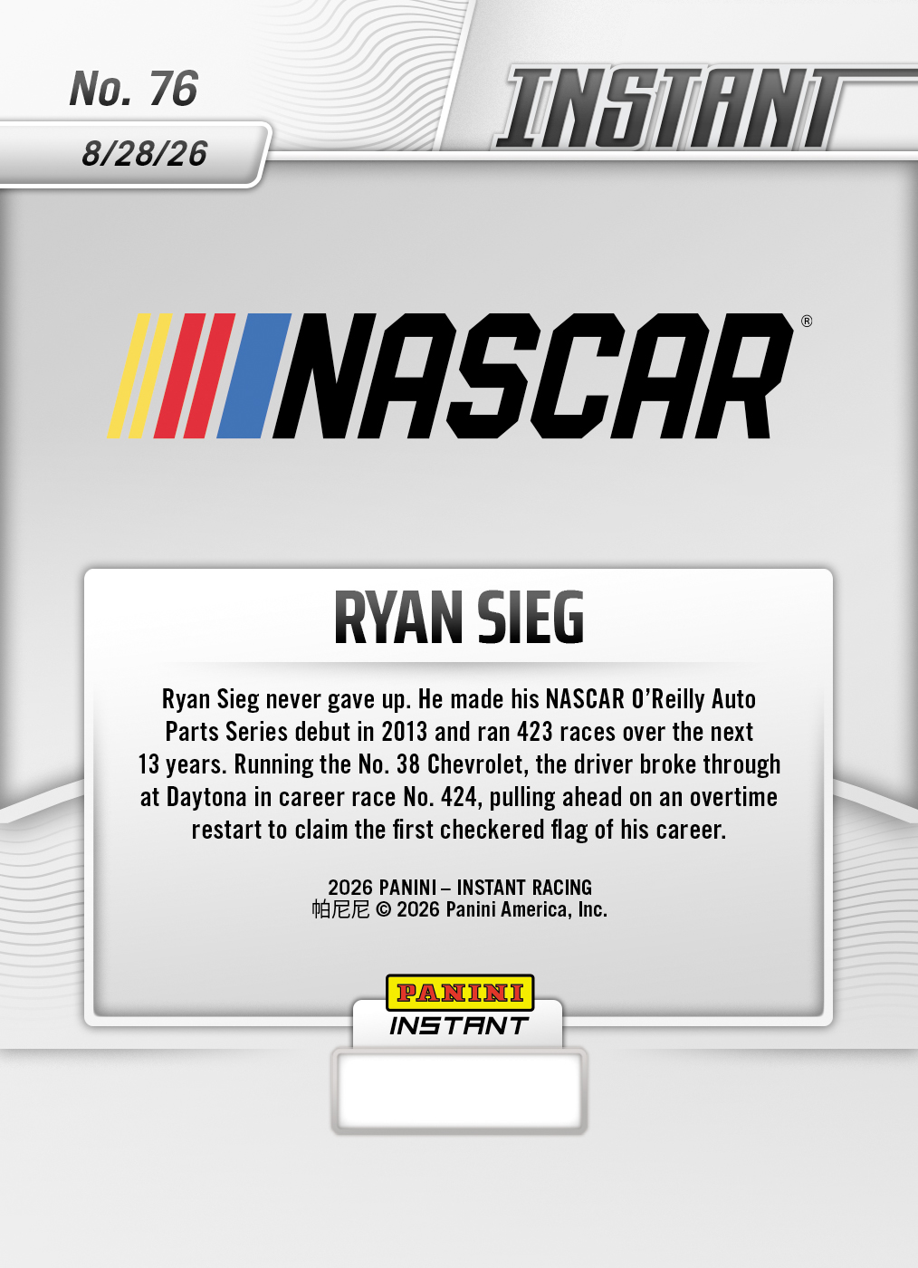 Product thumbnail image 2 of Ryan Sieg - 2026 Panini Instant NASCAR #76 - Base Card 25-pack