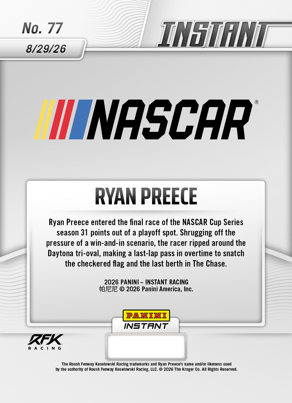 Product thumbnail image 2 of Ryan Preece - 2026 Panini Instant NASCAR #77 - Base Card 5-pack
