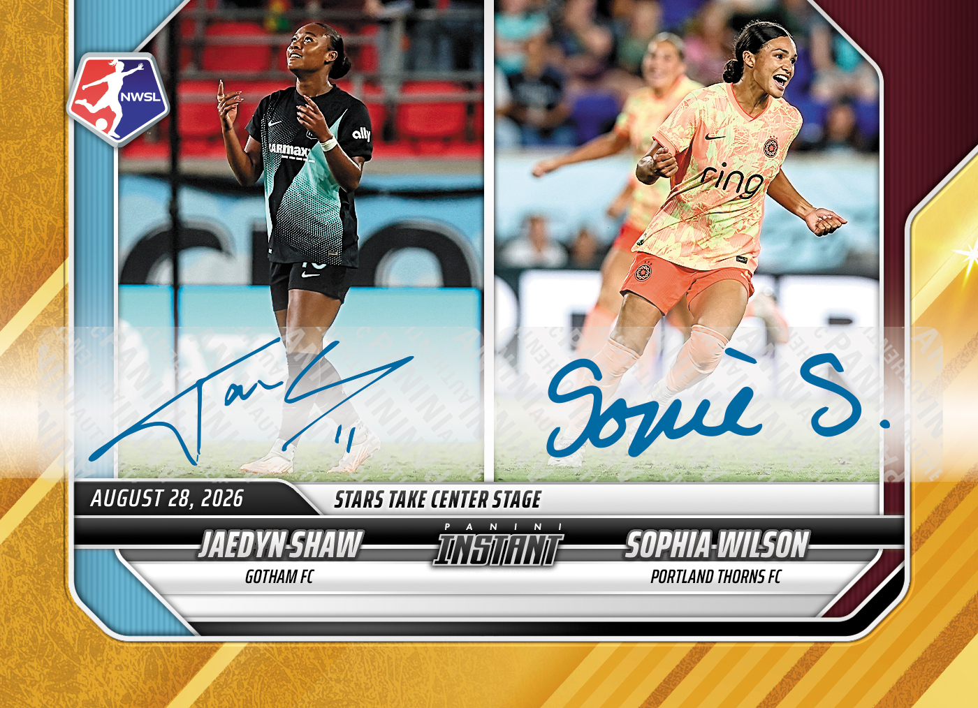 Detailed Image of Jaedyn Shaw/Sophia Wilson - 2026 Panini Instant NWSL #152 - Gold /10 Auto