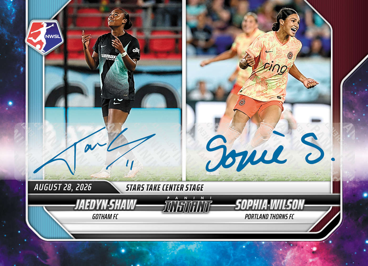 Detailed Image of Jaedyn Shaw/Sophia Wilson - 2026 Panini Instant NWSL #152 - Galaxy 1/1 Auto