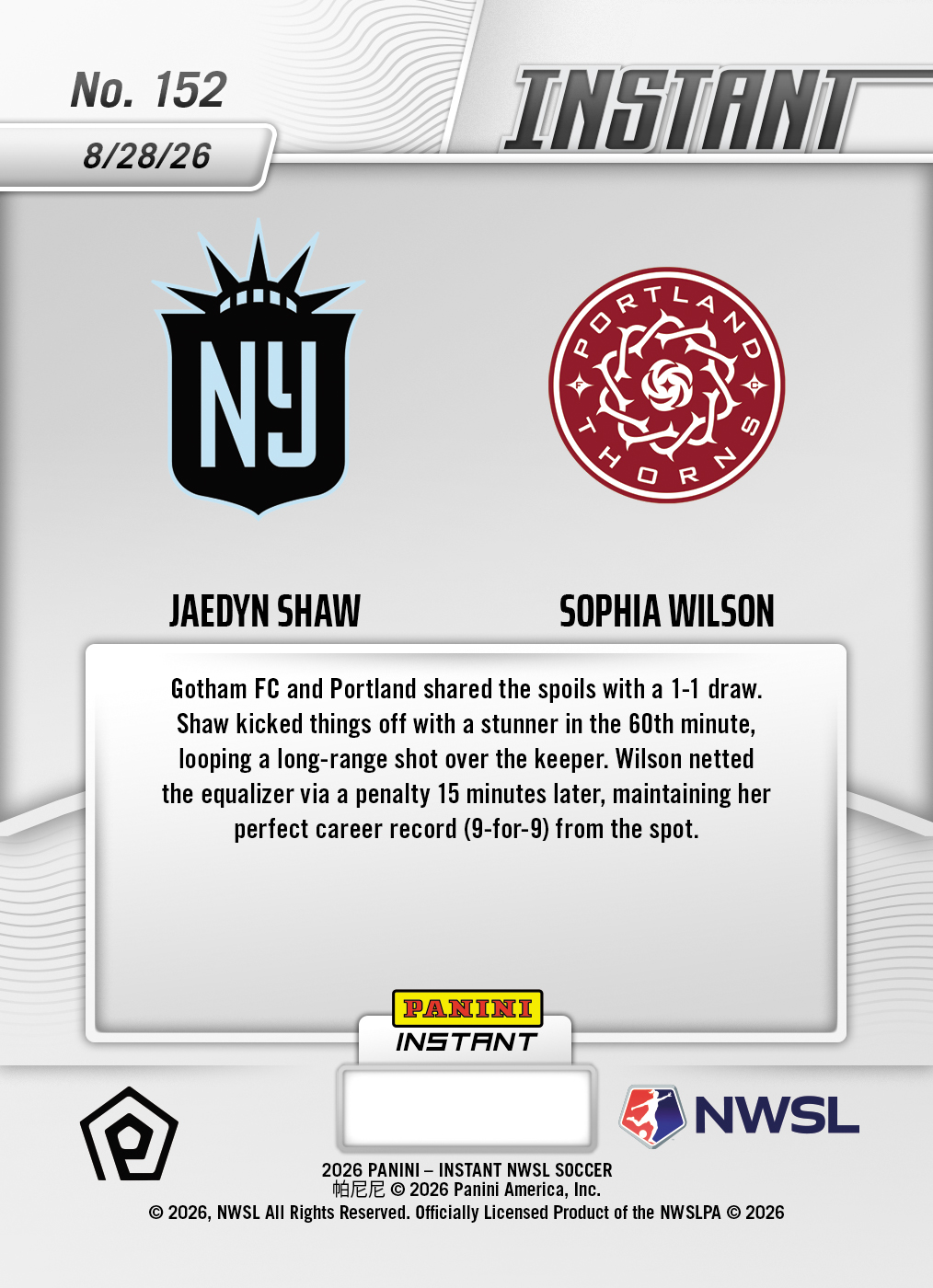 Product thumbnail image 2 of Jaedyn Shaw/Sophia Wilson - 2026 Panini Instant NWSL #152 - Base Card 25-pack