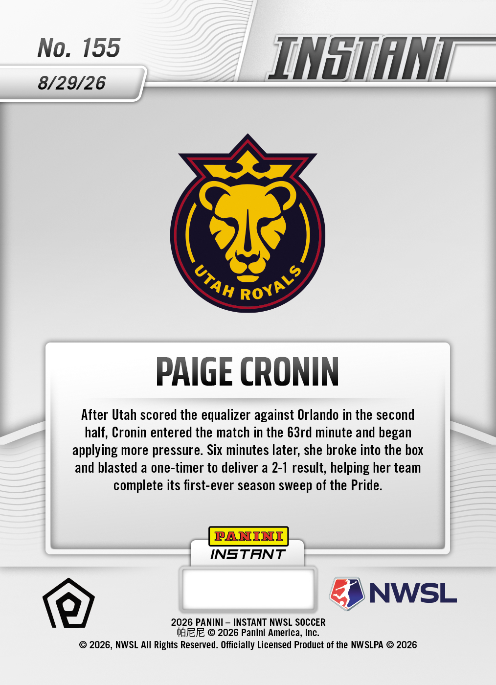 Product thumbnail image 2 of Paige Cronin - 2026 Panini Instant NWSL #155 - Base Card