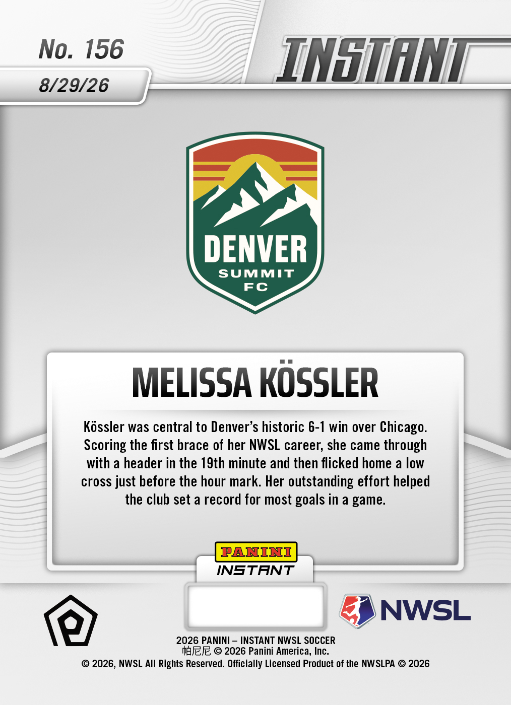Product thumbnail image 2 of Melissa Kossler - 2026 Panini Instant NWSL #156 - Base Card 5-pack