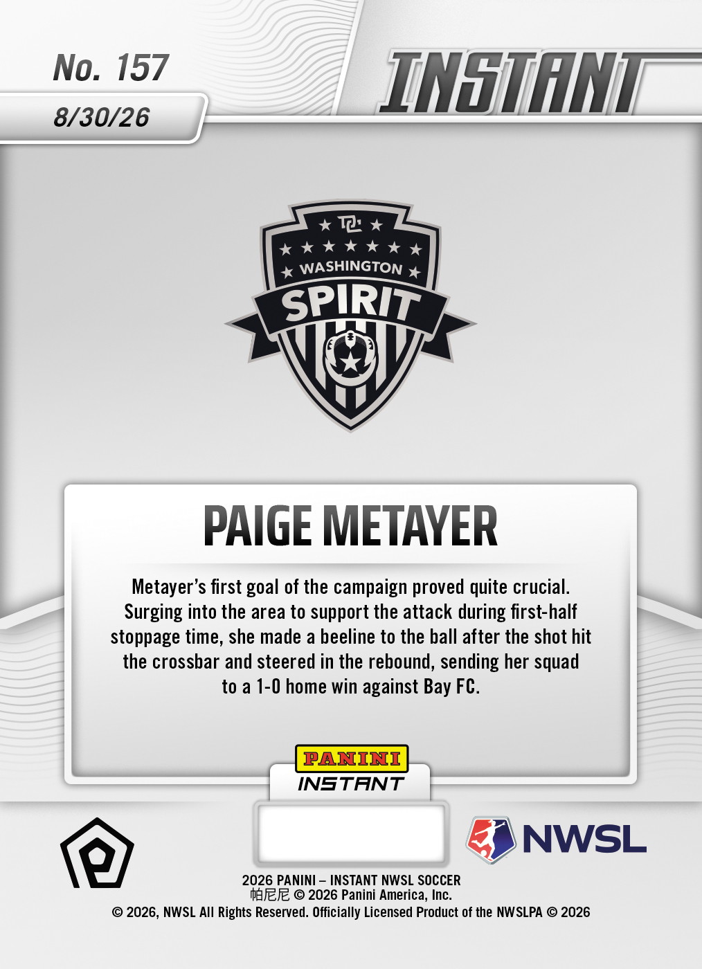 Product thumbnail image 2 of Paige Metayer - 2026 Panini Instant NWSL #157 - Base Card 25-pack