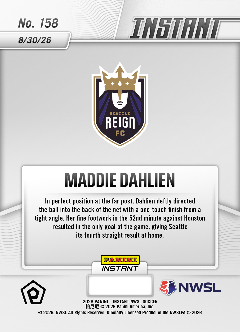 Product thumbnail image 2 of Maddie Dahlien - 2026 Panini Instant NWSL #158 - Base Card 25-pack