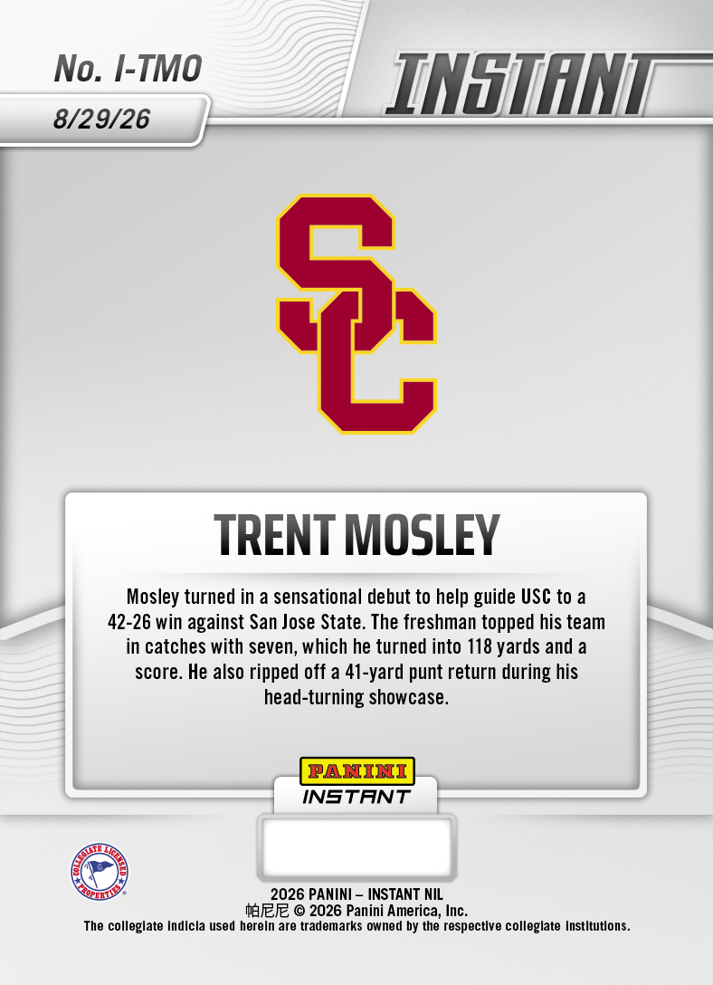Product thumbnail image 2 of Trent Mosley - 2026 Panini NIL College Football #I-TMO - Metallic /5