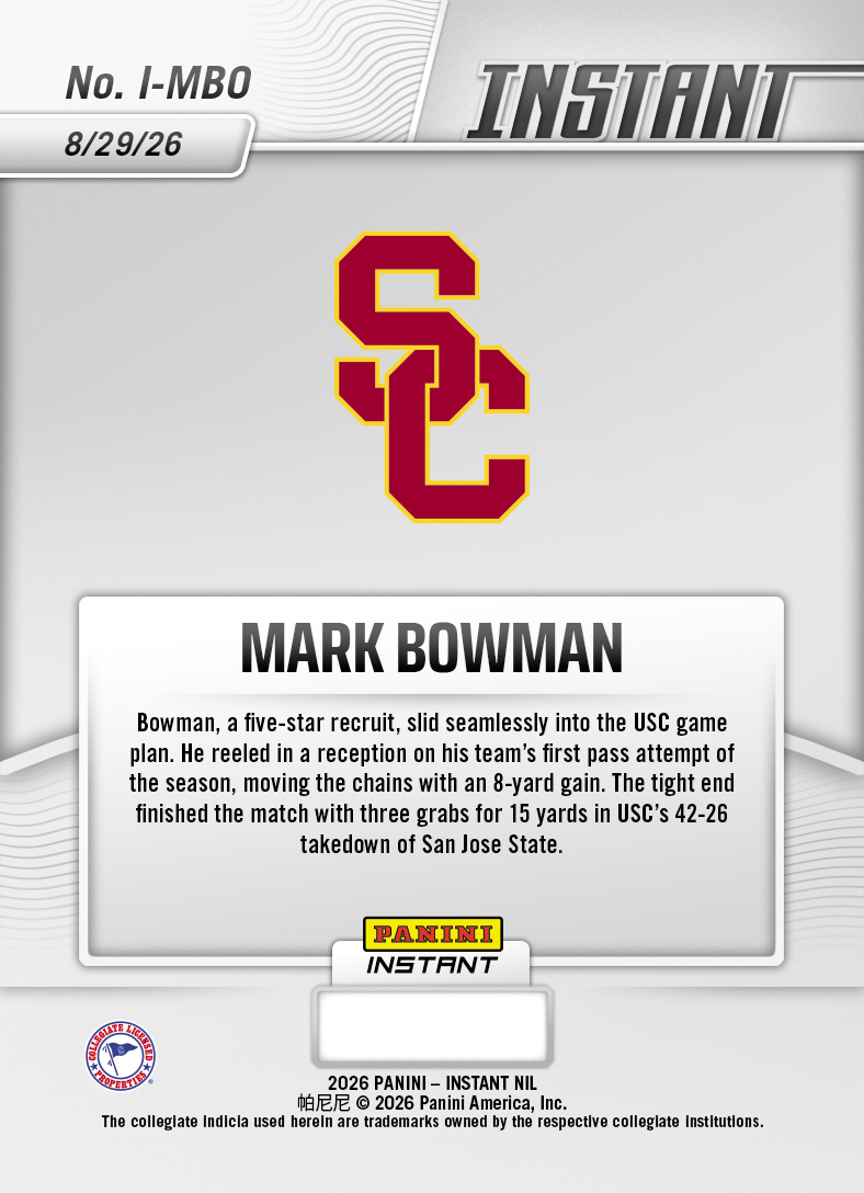 Product thumbnail image 2 of Mark Bowman - 2026 Panini NIL College Football #I-MBO - Base Card 10-pack