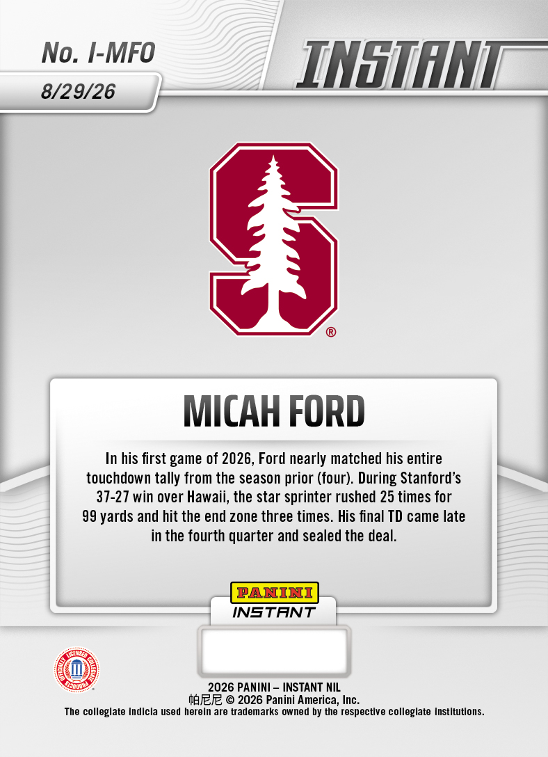 Product thumbnail image 2 of Micah Ford - 2026 Panini NIL College Football #I-MFO - Base Card 25-pack