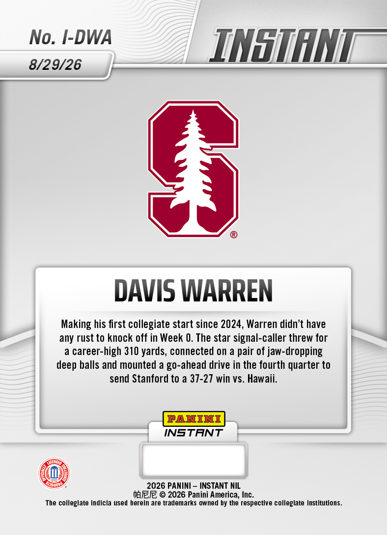 Product thumbnail image 2 of Davis Warren - 2026 Panini NIL College Football #I-DWA - Base Card 25-pack