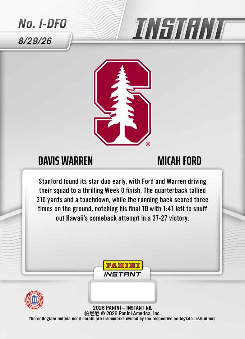 Product thumbnail image 2 of Davis Warren/Micah Ford - 2026 Panini NIL College Football #I-DFO - Base Card 25-pack
