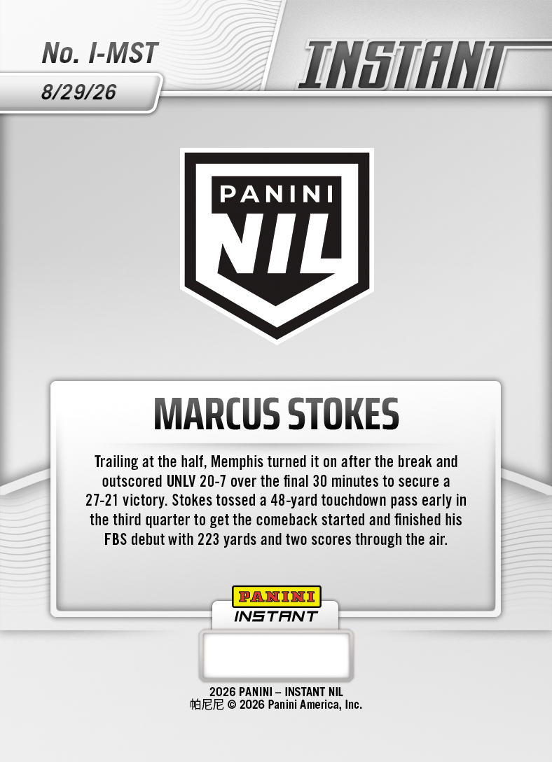 Product thumbnail image 2 of Marcus Stokes - 2026 Panini NIL College Football #I-MST - Base Card 5-pack