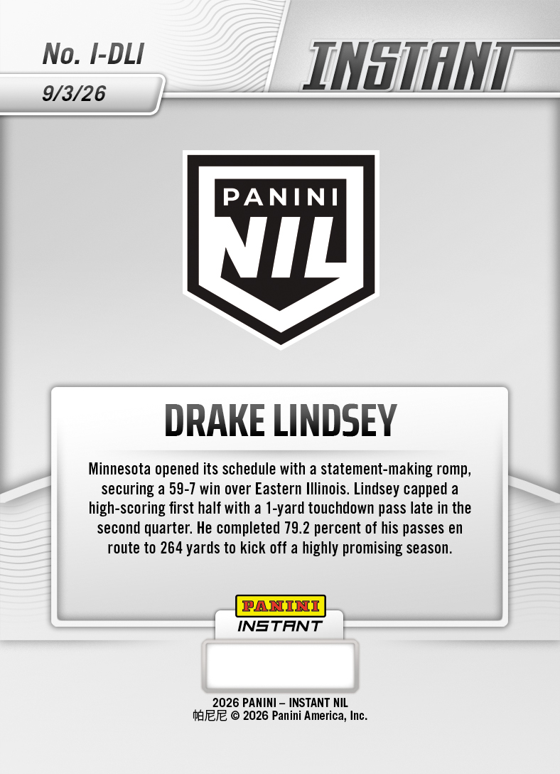 Product thumbnail image 2 of Drake Lindsey - 2026 Panini NIL College Football #I-DLI - Base Card 5-pack