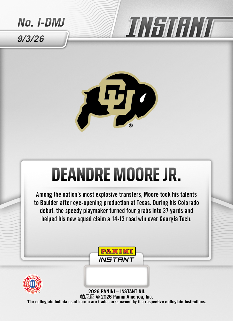 Product thumbnail image 2 of DeAndre Moore Jr. - 2026 Panini NIL College Football #I-DMJ - Base /99 Auto